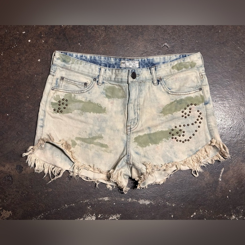 Free People Camouflage Distressed Jean Studded Shorts Size 31 Boho Grunge